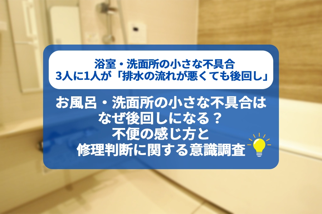 浴室・洗面所の小さな不具合、3人に1人が「排水の流れが悪くても後回し」、お風呂・洗面所の小さな不具合はなぜ後回しになる？不便の感じ方と修理判断に関する意識調査